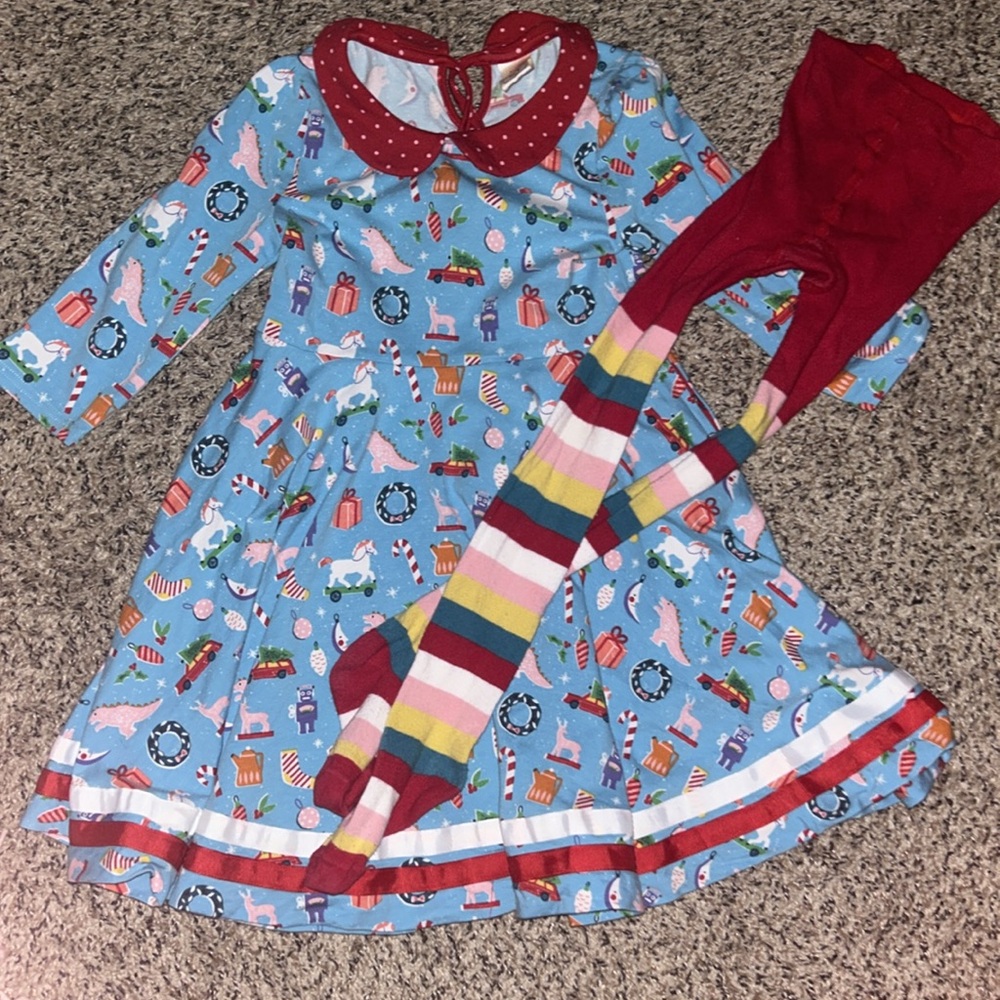Wildflowers girls 6 Dinosaur dress/tunic & matching tights Holiday Line-rare!!